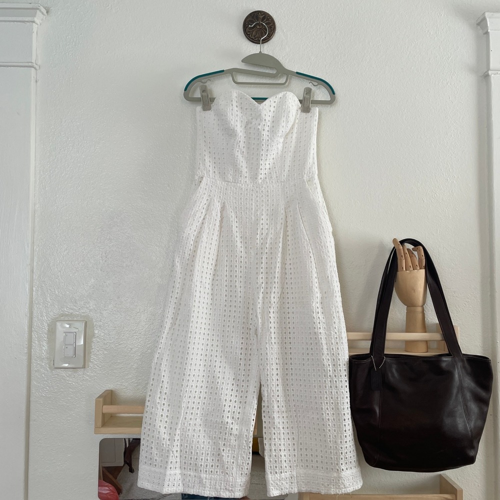 Corey Lynn Calter White Eyelet Strapless Jumpsuit Sweetheart Wide Leg White